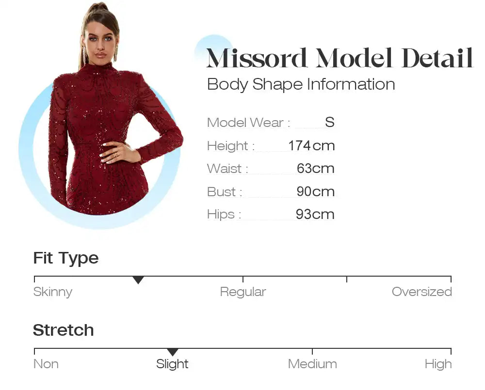 Missord Turtleneck Long Sleeve Split Sequin Red Maxi Dress Women's Bodycon Party Evening Dress Ladies Fashion Prom Dresses