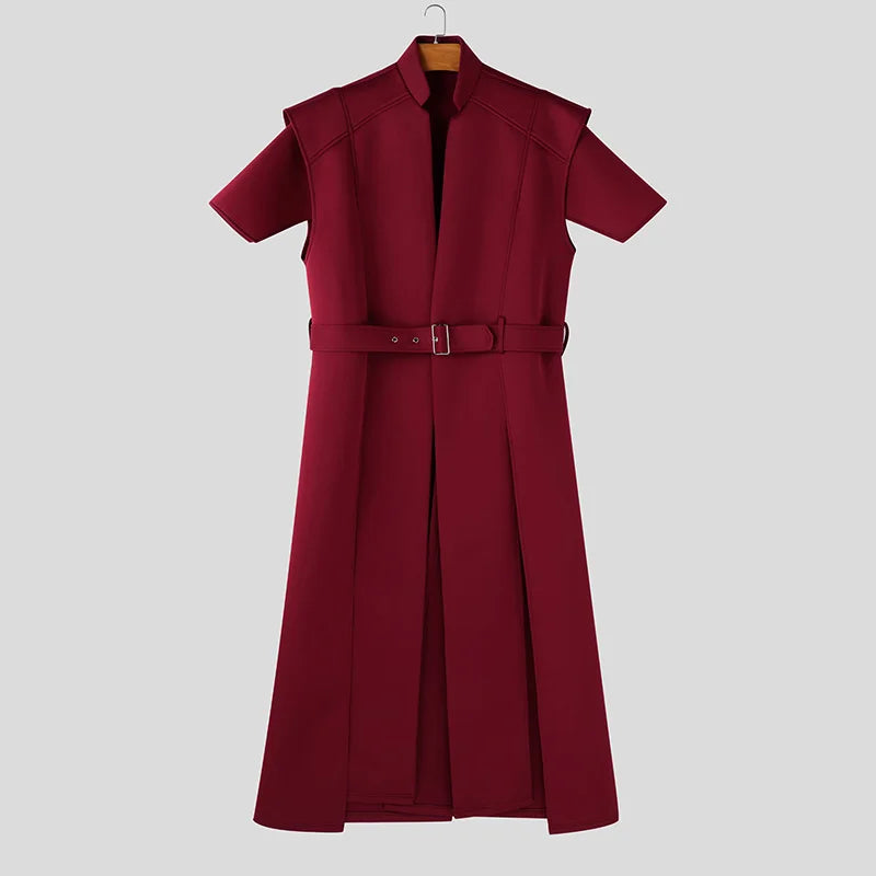 INCERUN Tops 2025 American Style Fashion Men Loose Silhouette Long Cardigan Shirts Casual Personality Solid Short Sleeved Blouse