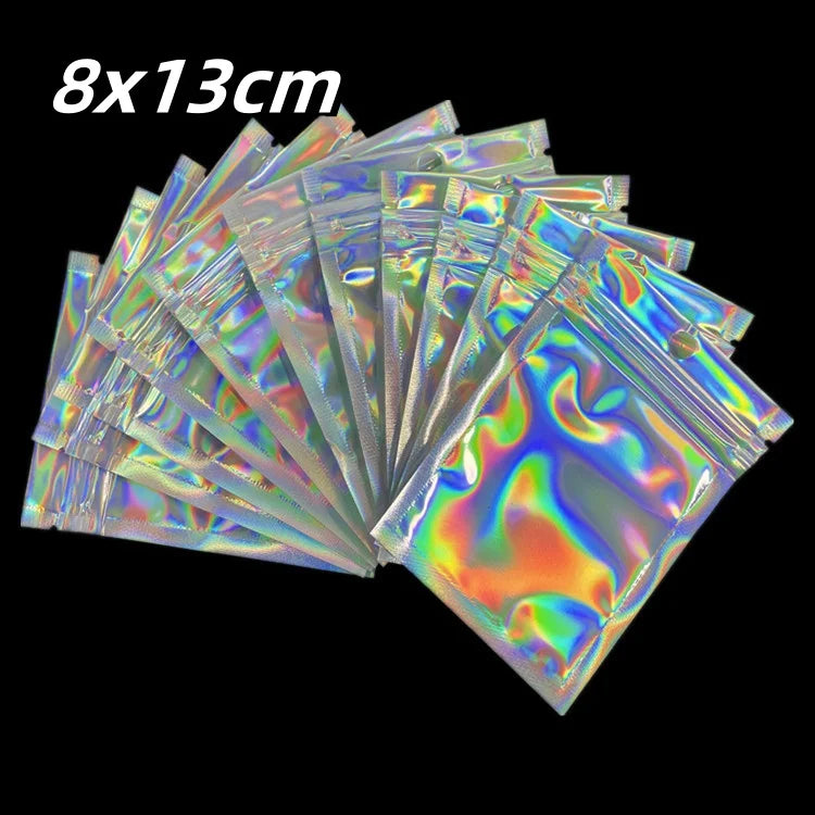 10/20/50/100pcs Holgraphic Mylar Bags Wih Clear Window Thicken Laser Self Sealing Bag Mini Ziplock Bags Jewelry Bags Retail Bags