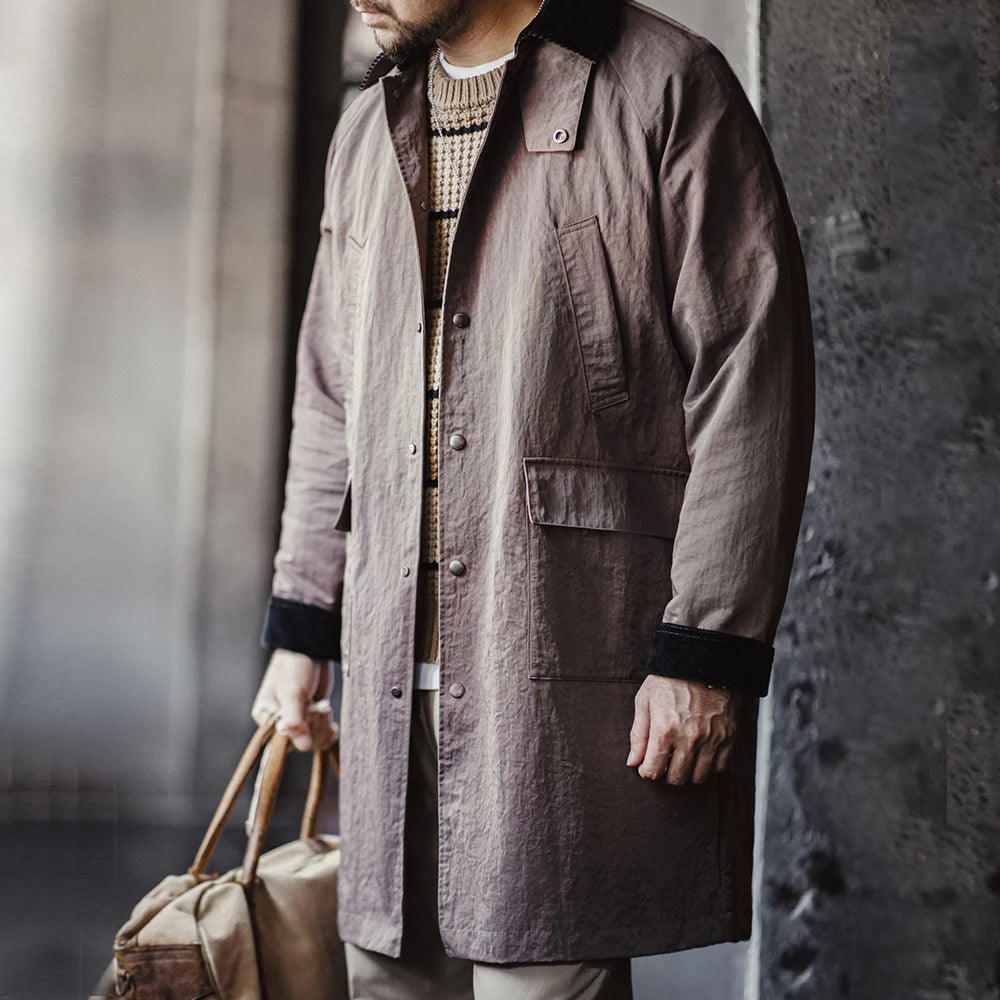 Maden Retro Corduroy Lapel Safari Trench Coat Loose Fit Single-breasted Mid-length Versatile Jacket for Men's Spring and Autumn