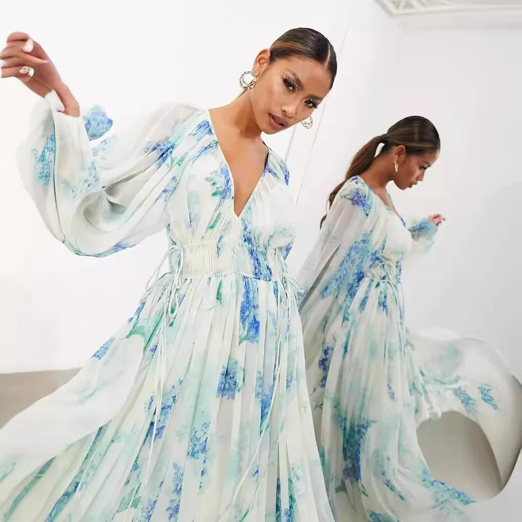 Elegant Print Chiffon Long Dresses Women V-neck High Waist Drawstring Folds See Through Long Sleeve Party Dress Female Vestidos