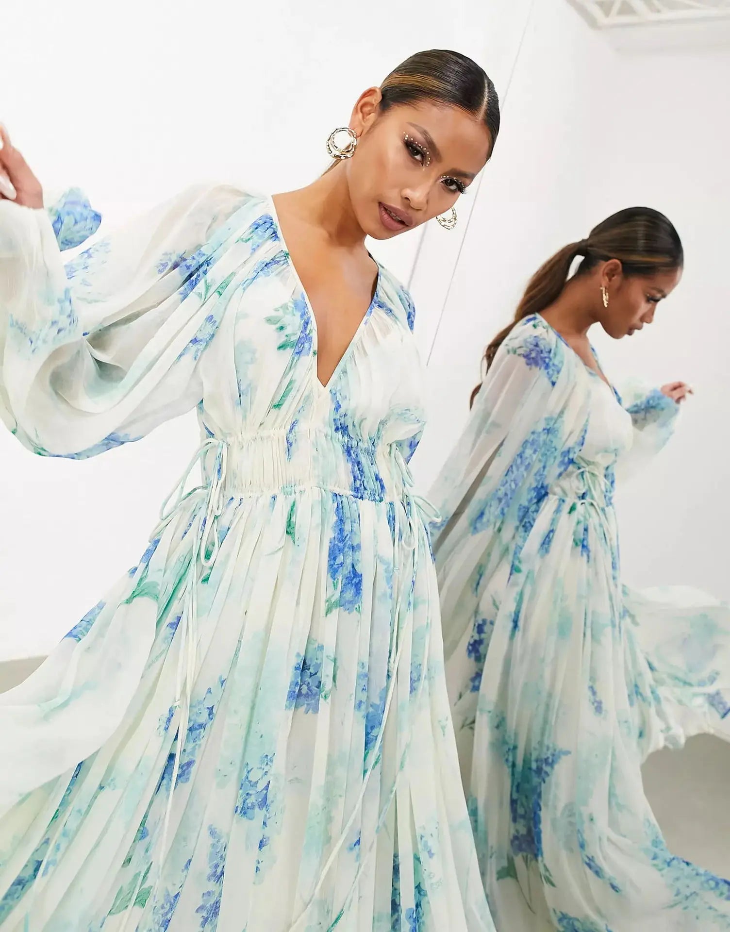 Elegant Print Chiffon Long Dresses Women V-neck High Waist Drawstring Folds See Through Long Sleeve Party Dress Female Vestidos