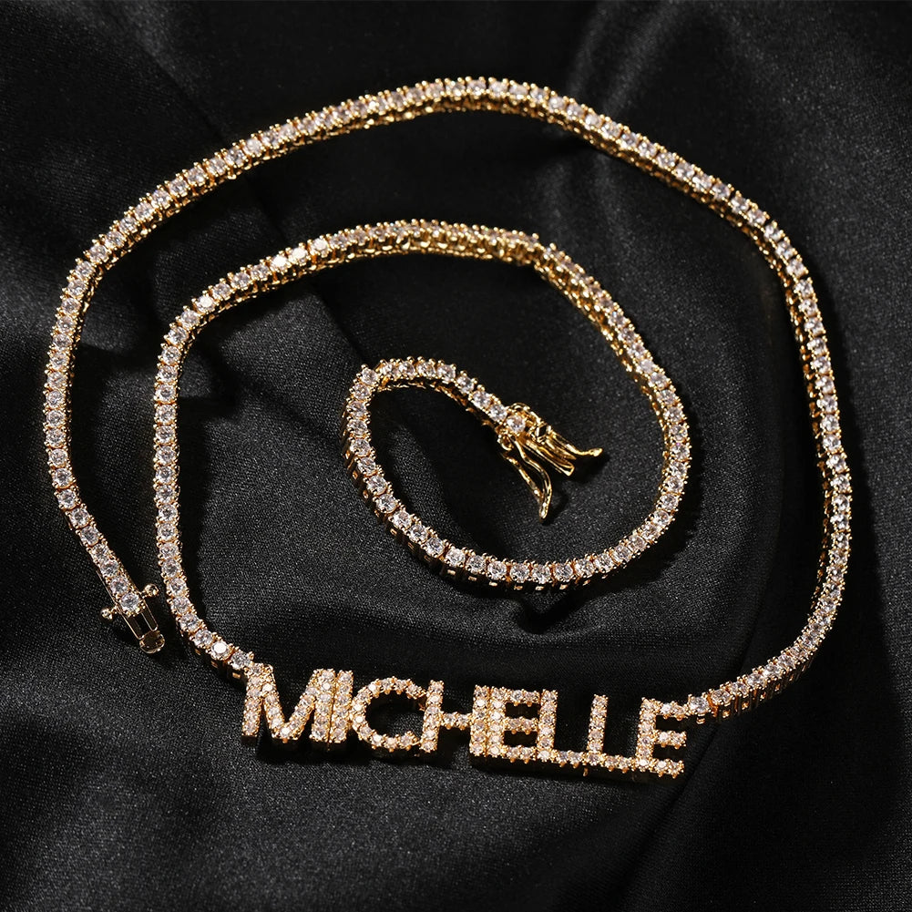 Uwin Custom Mini Letter Welding 2mm Tennis Chain Name Pendant Necklaces For Women Full Iced Out CZ Fashion Hip Hop Jewelry Gift