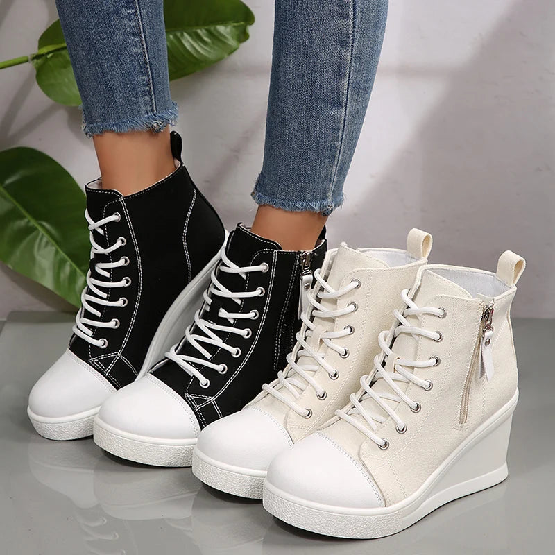 Black High Top Canvas Sneakers Shoes for Women Classic Platform Wedge Heel Casual Shoes Woman Fashion Zipper Lace Up Ankle Boots