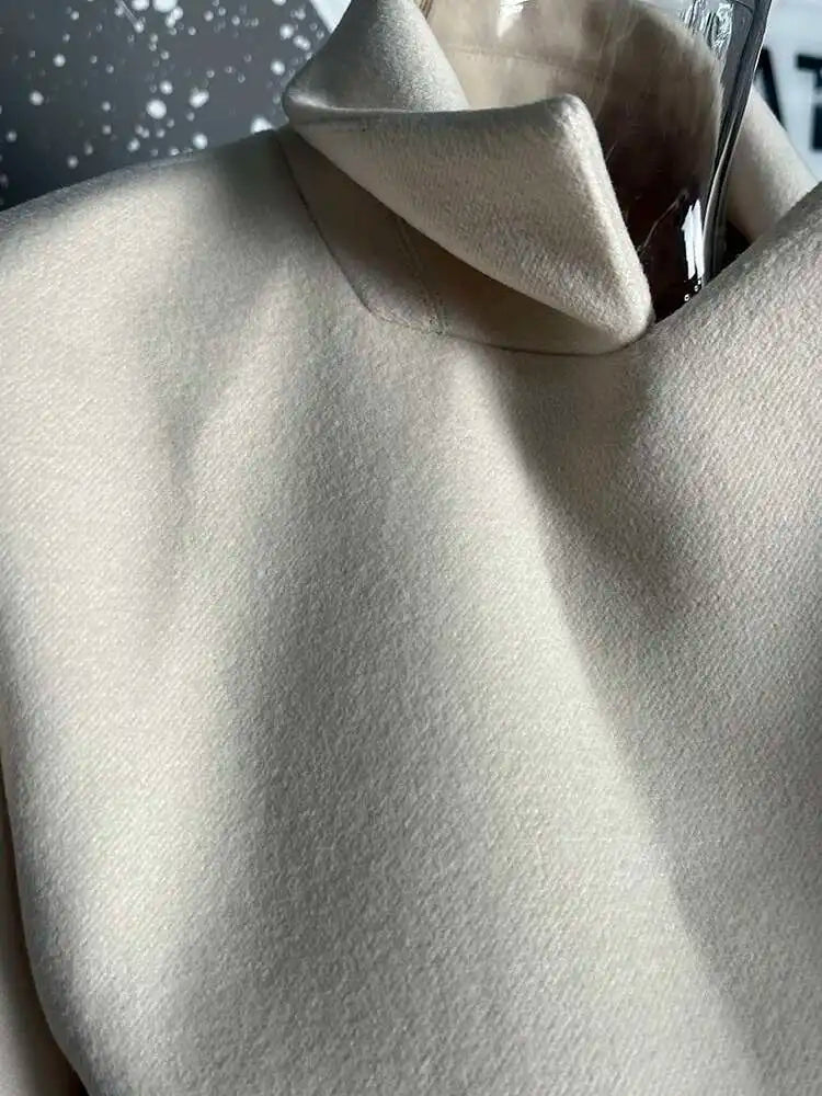 DEAT Fashion Women's Woolen Coat Lapel Silm Single Breasted Long Sleeves Beige Lined Blends Overcoat Winter 2024 New 7AB5487