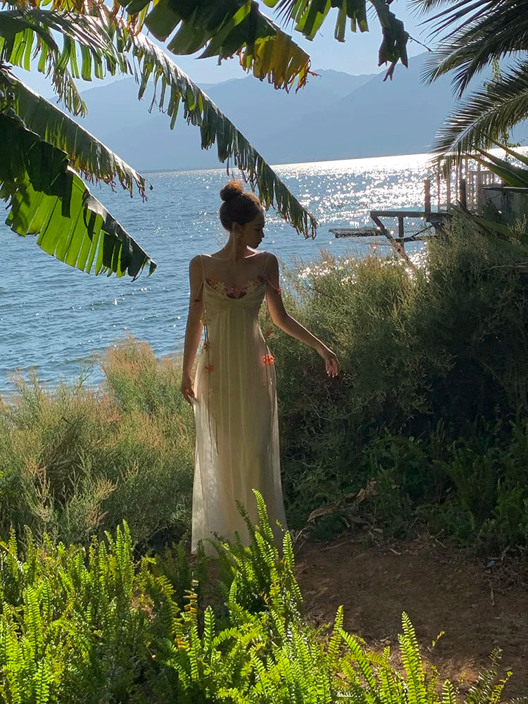 MEXZT Fairy Long Dress Women Boho Vacation Floral Spaghetti Straps Maxi Dresses Summer Fashion Korean Elegant Beach Vestidos New