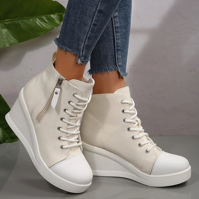 Black High Top Canvas Sneakers Shoes for Women Classic Platform Wedge Heel Casual Shoes Woman Fashion Zipper Lace Up Ankle Boots