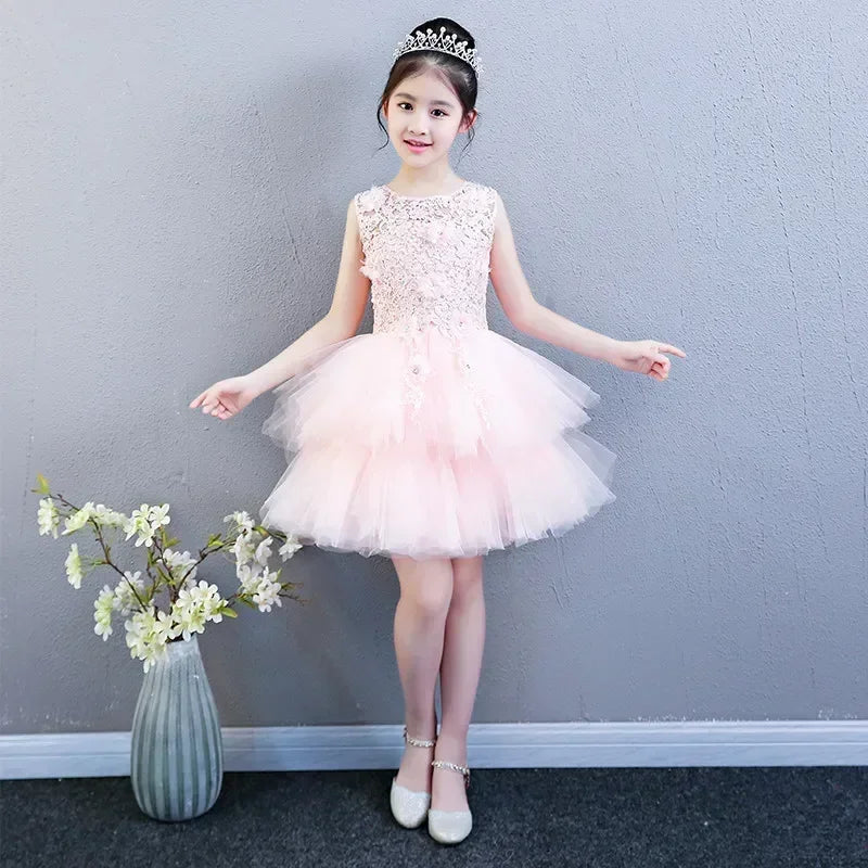 Custom Made Luxury Grey Pageant Dress Kids Birthday Wedding Ball Gown Party Dress Crystal Bandage Flower Girl Dresses Long Train