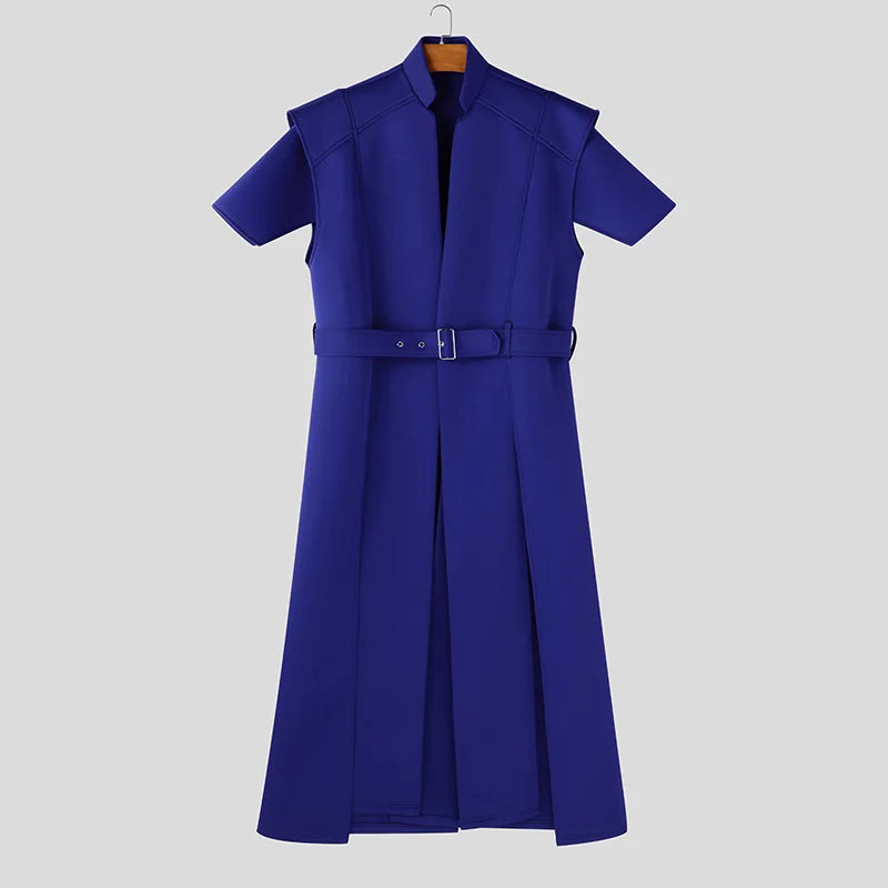 INCERUN Tops 2025 American Style Fashion Men Loose Silhouette Long Cardigan Shirts Casual Personality Solid Short Sleeved Blouse