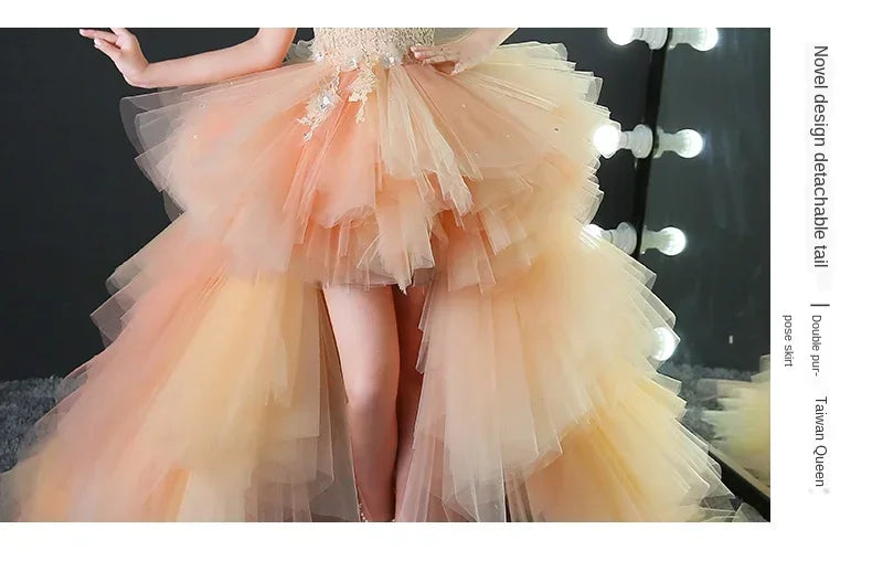 Custom Made Luxury Grey Pageant Dress Kids Birthday Wedding Ball Gown Party Dress Crystal Bandage Flower Girl Dresses Long Train