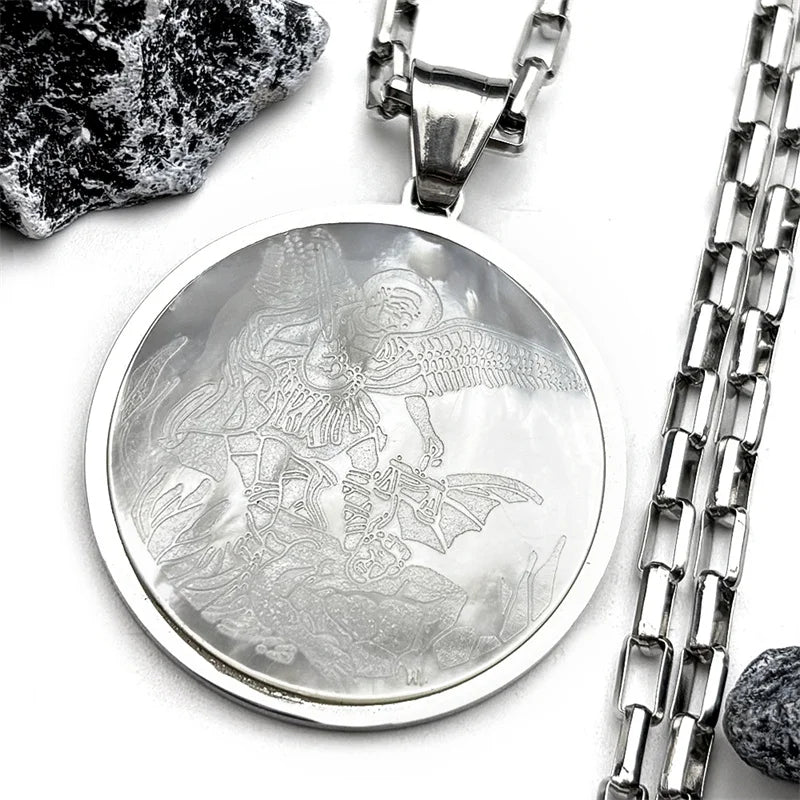 Archangel St.Michael Protect Us Shell Pendant Necklace for Women Men Stainless Steel Saint Michael Round Medal Chain Jewelry