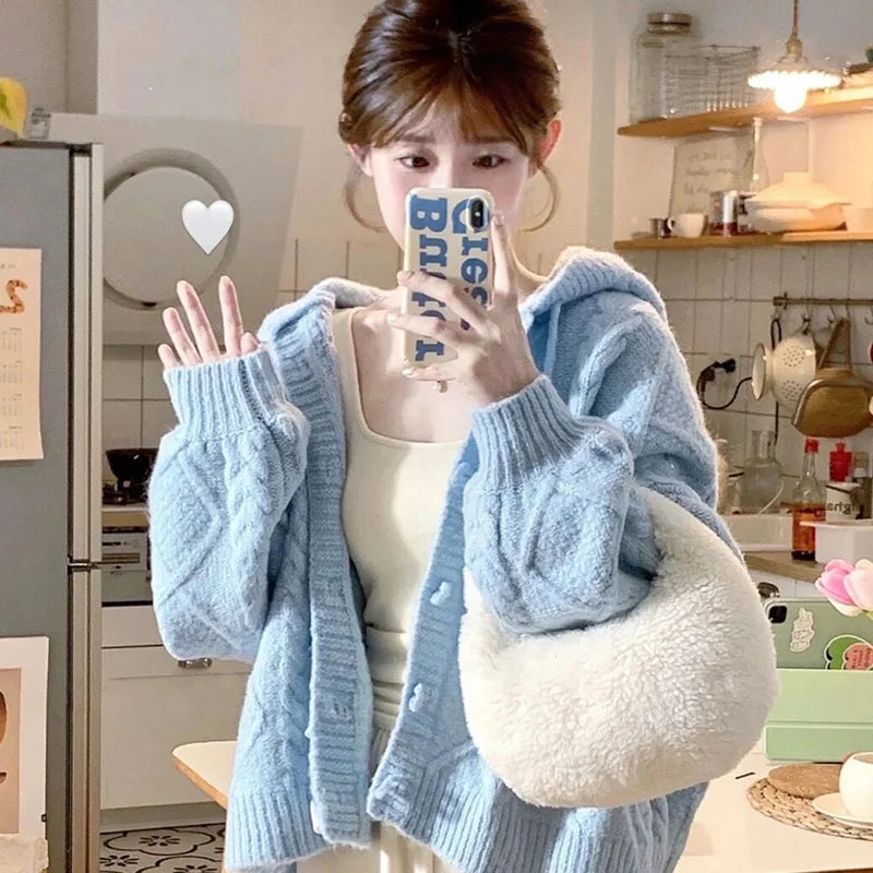 Spring and Autumn Horn-button Hooded Knit Sweater Coat Women Loose Outside Crop Top Gentle Soft Preppy Style White Cardigan