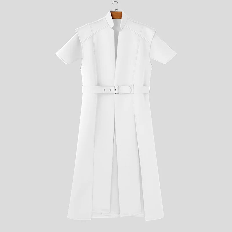 INCERUN Tops 2025 American Style Fashion Men Loose Silhouette Long Cardigan Shirts Casual Personality Solid Short Sleeved Blouse