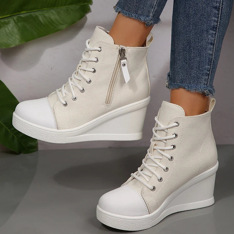 Black High Top Canvas Sneakers Shoes for Women Classic Platform Wedge Heel Casual Shoes Woman Fashion Zipper Lace Up Ankle Boots
