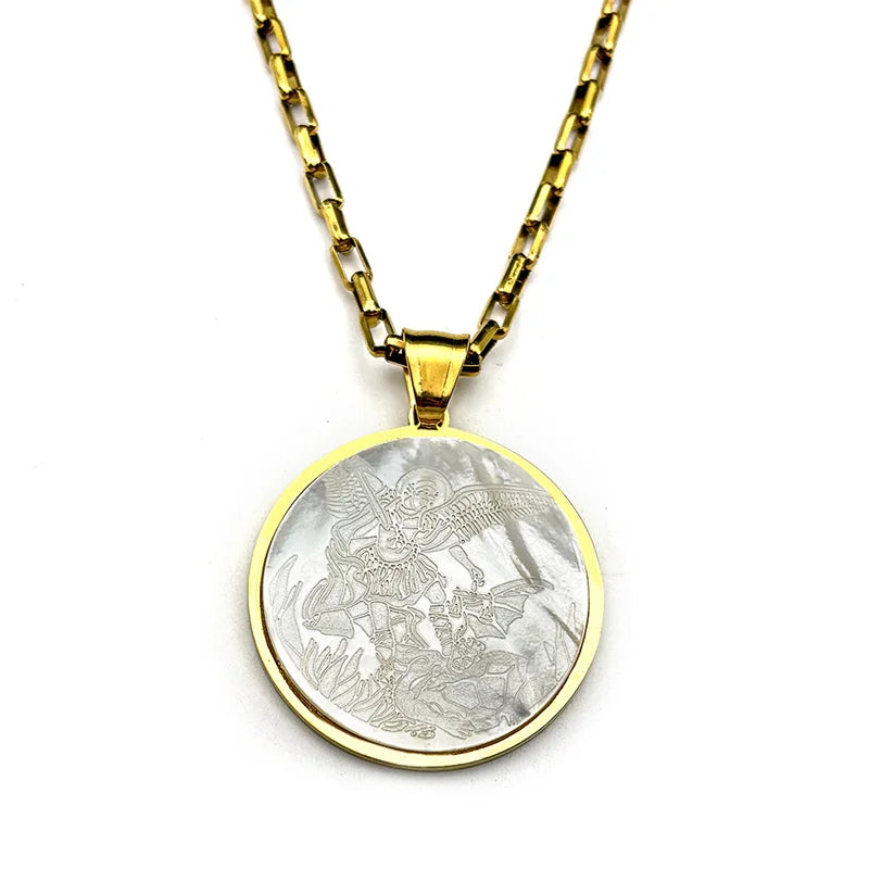 Archangel St.Michael Protect Us Shell Pendant Necklace for Women Men Stainless Steel Saint Michael Round Medal Chain Jewelry