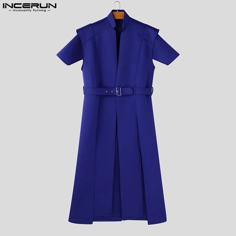 INCERUN Tops 2025 American Style Fashion Men Loose Silhouette Long Cardigan Shirts Casual Personality Solid Short Sleeved Blouse