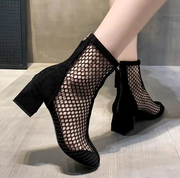 2024 Summer Boot Zapatos Chaussures Femme Zipper Square High Heel Leopard Woman Shoes Women Mesh Suede Ankle Boots Size 43