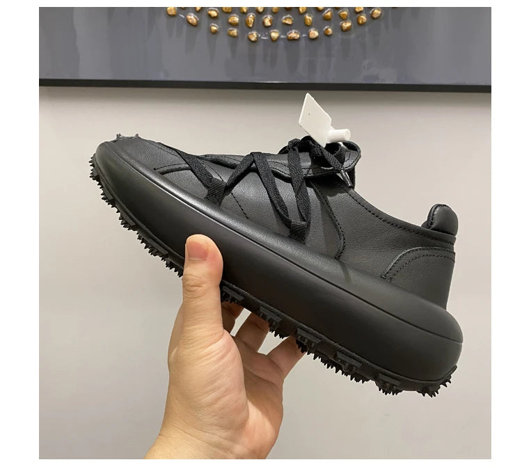 New Trendy Men's Casual Shoes Calf Leather Black Samurai Leather Sneakers Man Breathable Heighten Sports Shoes Platform Trainers