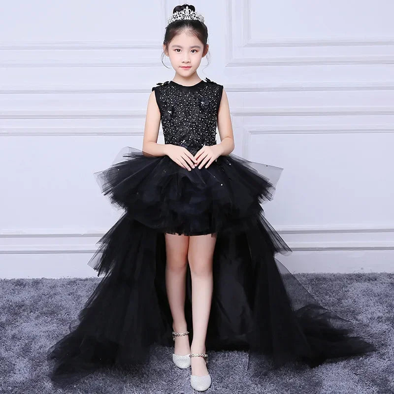 Custom Made Luxury Grey Pageant Dress Kids Birthday Wedding Ball Gown Party Dress Crystal Bandage Flower Girl Dresses Long Train