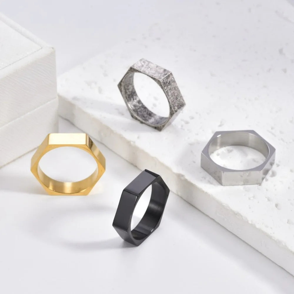 Somen Hexagon Titanium Steel Rings For Men Nut Shape Geometric Wedding Band Engagement Cocktail Party Jewelry Gift Bague Homme