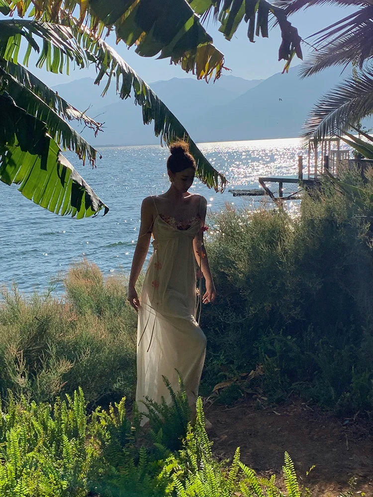 MEXZT Fairy Long Dress Women Boho Vacation Floral Spaghetti Straps Maxi Dresses Summer Fashion Korean Elegant Beach Vestidos New